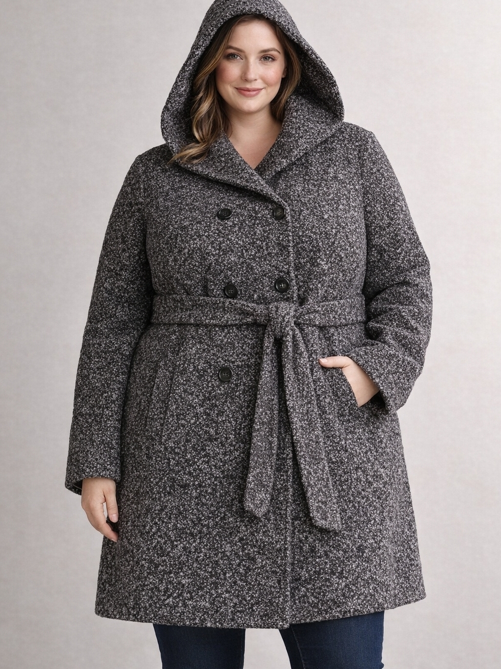 Coffe Shop NYC Tweed Coat/Double Breasted Hooded Belted